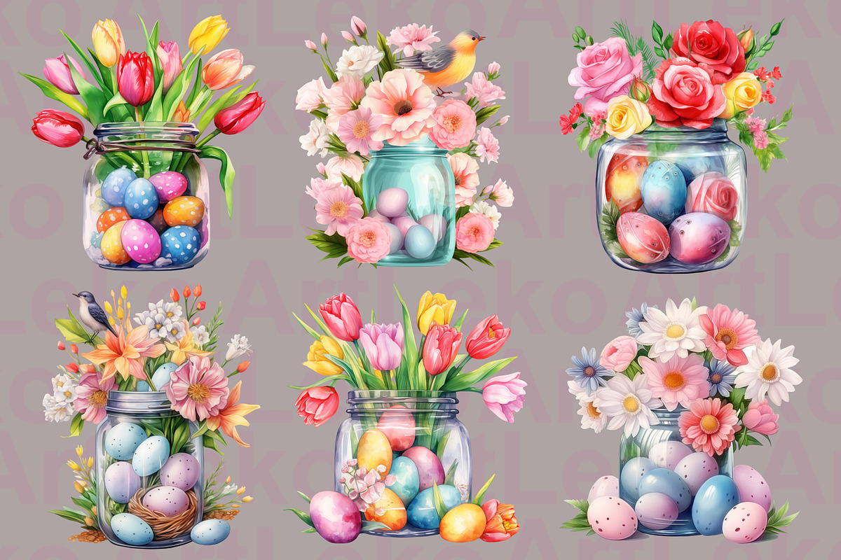 Easter Jars Watercolor Clipart, a Decorative Illustration by LekoArt (Photo 9 of 9)