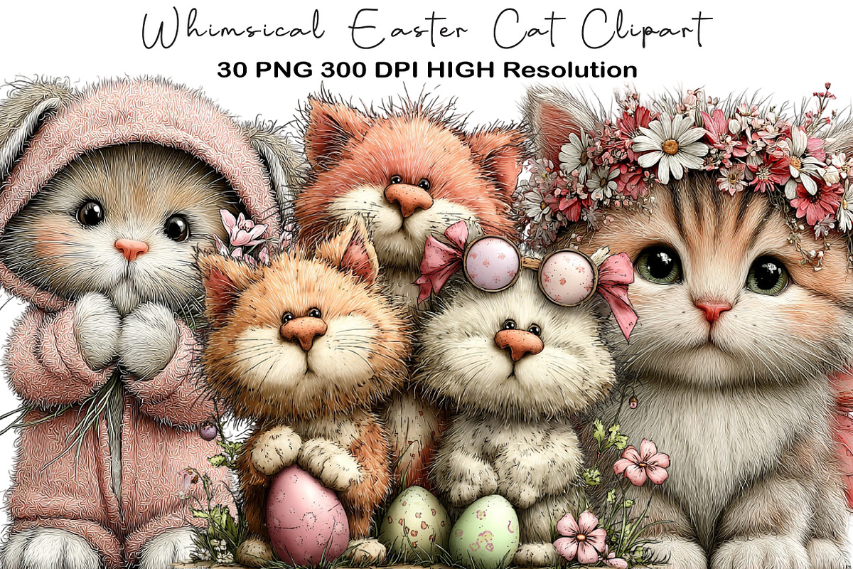 Whimsical Easter Cat Clipart, an Illustration by Black Bird Studio (Photo 1 of 5)