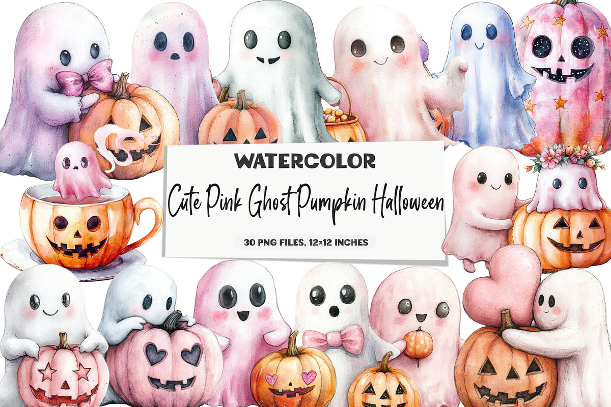 Cute Pink Ghost Pumpkin Halloween B, an Illustration by DreamArtGraphic (Photo 1 of 5)