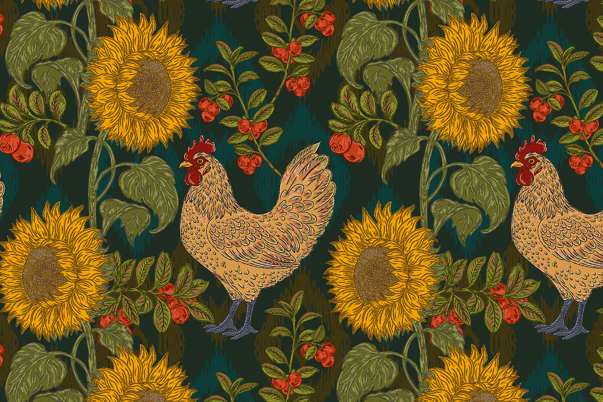 Sunflowers Cranberries and Hen, a Pattern Graphic by NayaChu (Photo 1 of 9)