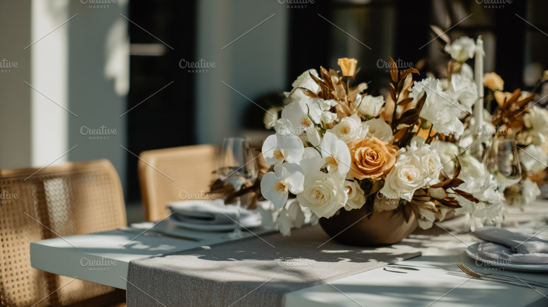 Elegant outdoor wedding table set with a beautiful floral center, a Photo by Studio ANNA