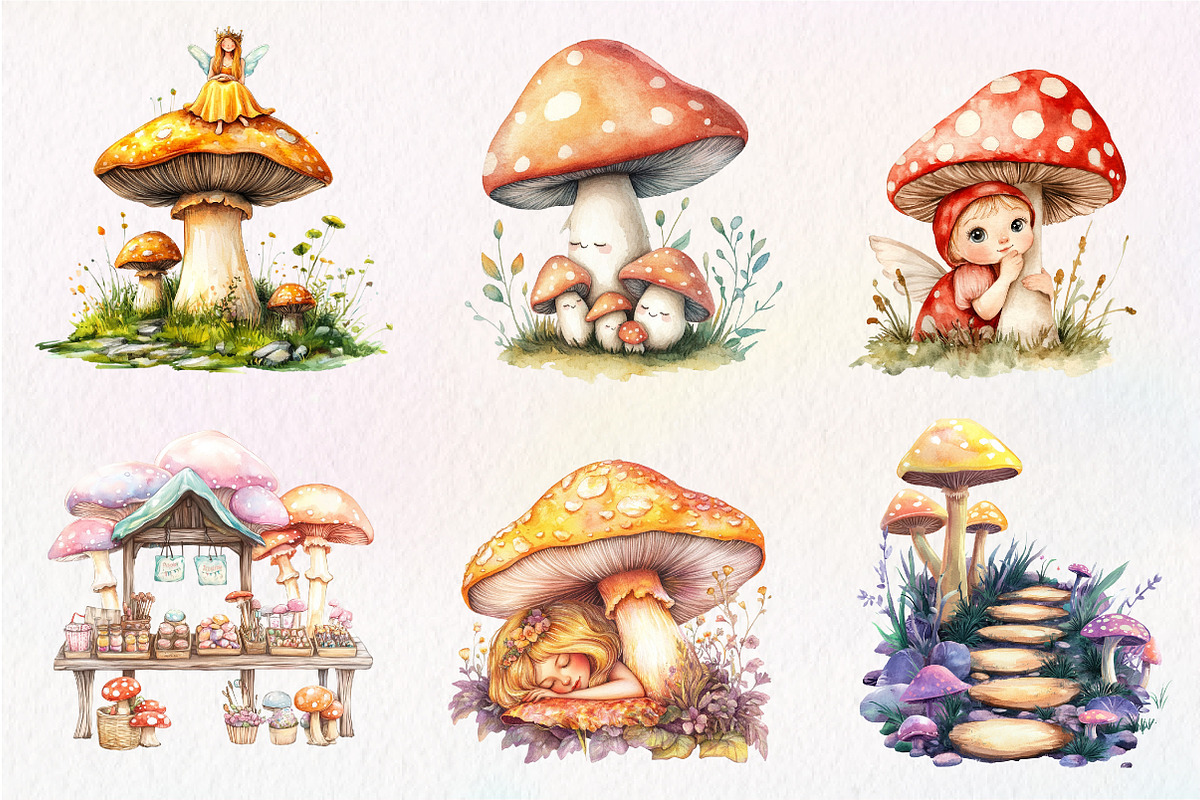 Watercolor Cute Magic Fairy Mushroom, an Illustration by CreationArt (Photo 9 of 9)