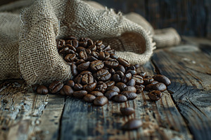 Sackcloth with heap of coffee beans on wooden table, a Food & Drink Photo by AlyaAnd