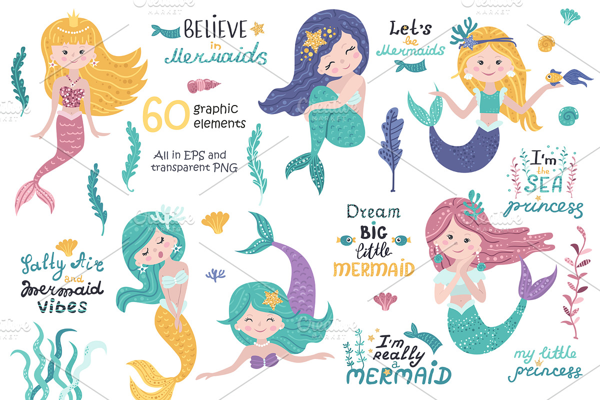 Mermaid Clipart & Pattern, a Wallpaper Graphic by Nafanya (Photo 3 of 9)