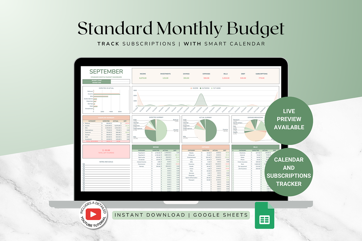 Standard Monthly Budget - Green, a Templates & Theme by The Creative Plans co (Photo 1 of 10)