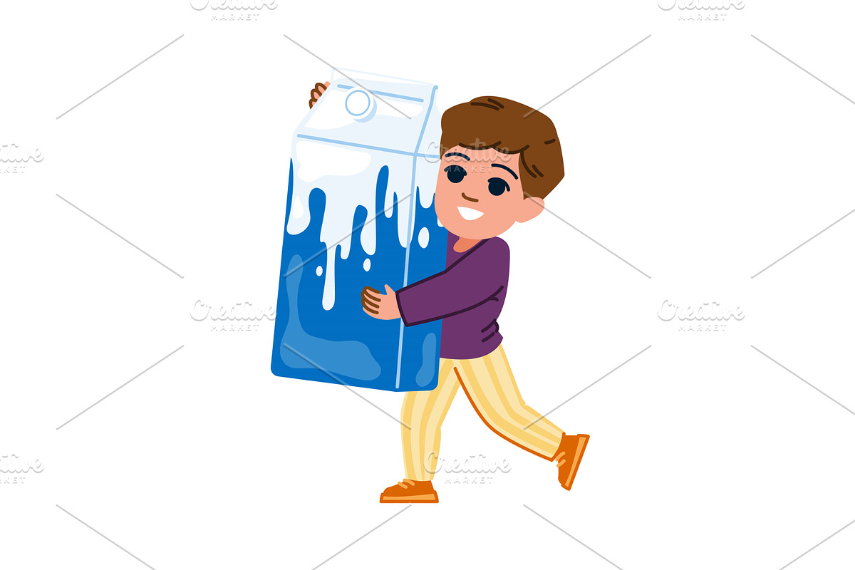 Happy child carrying big milk carton, a Food Illustration by pikepicture