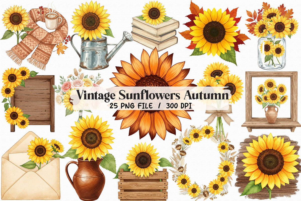 Vintage Sunflowers Autumn Clipart, an Illustration by Libby Wishes (Photo 1 of 11)