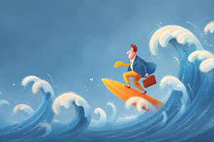 Cheerful businessman surfing large ocean waves on yellow board w, an Abstract Photo by José Manuel Gelpi