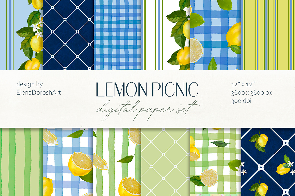 Lemon Citrus Digital Paper Pack, a Pattern Graphic by Elena Dorosh (Photo 1 of 7)