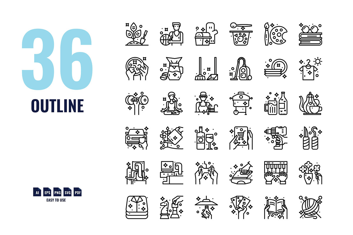 144 Hobbies icon set, an Outline Icon by Foxyard studio (Photo 6 of 6)