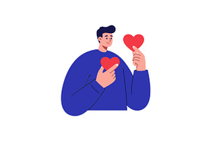 Man holding two red hearts in a chee, an Illustration by designvectx