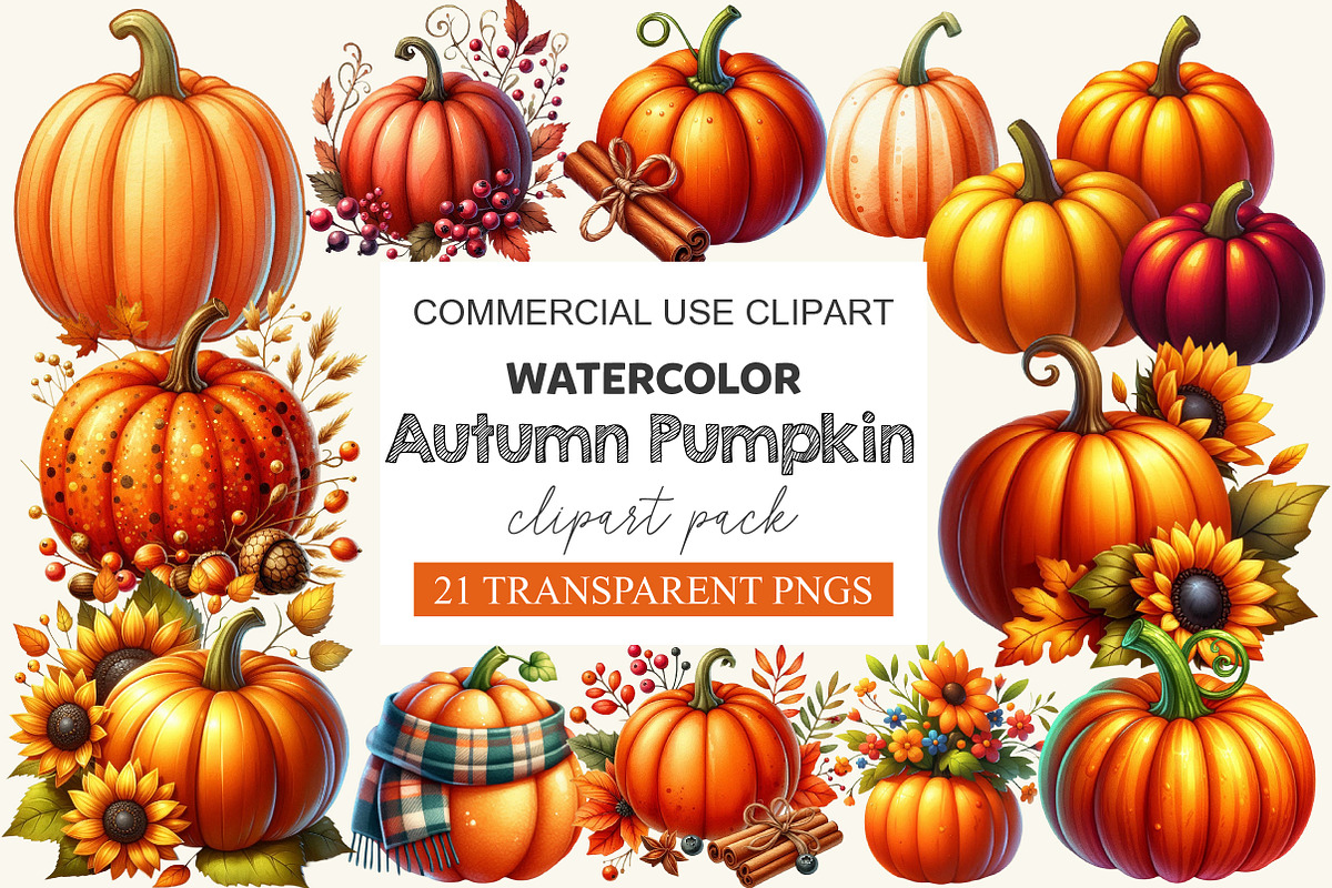 Watercolor Autumn Pumpkin Clipart, a Work Illustration by cherrydesign (Photo 1 of 4)