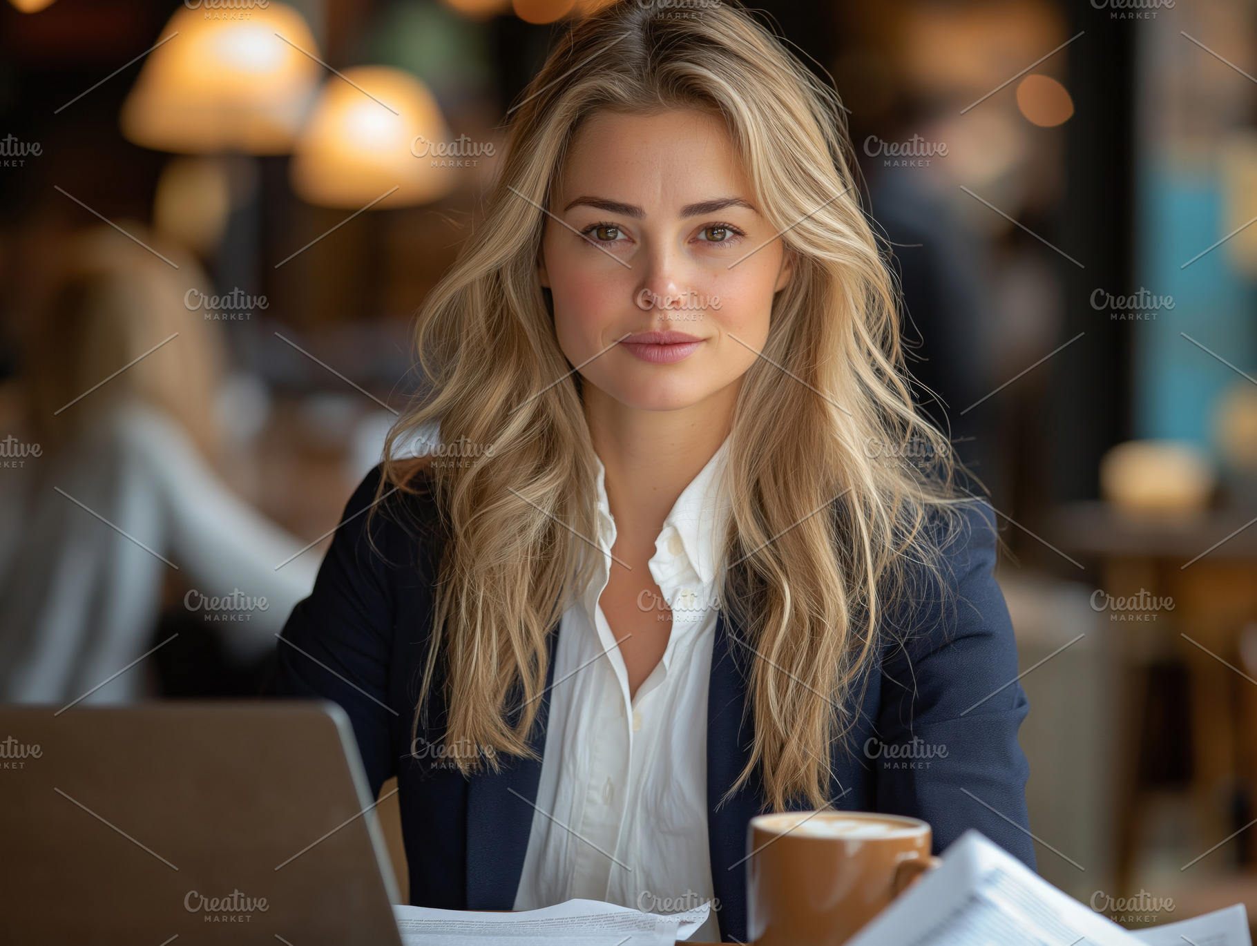 A confident young Caucasian woman with long blonde hair, dressed in a blazer, w, a Person Photo by ImageMir