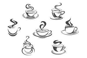 Coffee Cups Or Mugs Steam Vector Icons Set