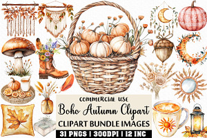 Watercolor Boho Autumn Clipart, an Illustration by Craft Nest