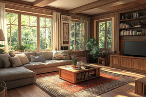 Cozy living room with wood details,, a Photo by Pixeness Studio