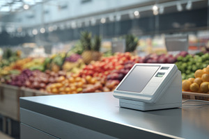 A sleek, modern self-service checkout kiosk in a vibrant supermarket filled wit, a Business Photo by ImageMir