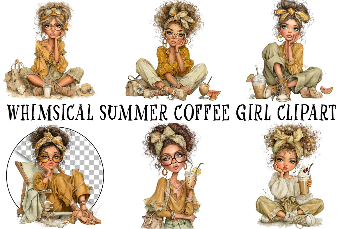 Whimsical Summer Coffee Girl Clipart, a Seasonal Illustration by OK Design (Photo 2 of 6)