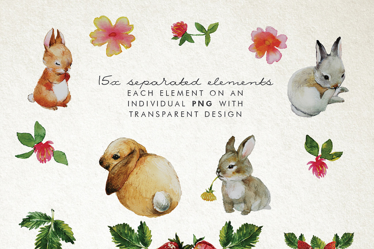Bunnies + strawberry watercolor, an Animal Illustration by olia.medvedeva.art (Photo 2 of 3)