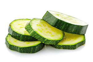 Green sliced zucchini isolated on white background, a Food & Drink Photo by AlyaAnd