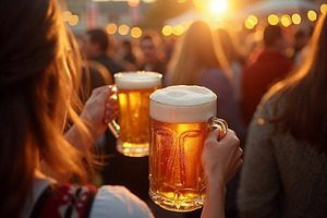 Beer mugs in the rays of the setting, a Holiday Photo by Volff