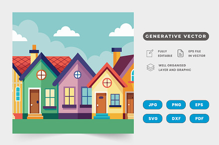 A row of cute cottages with colorful, a Graphic by SaroStock