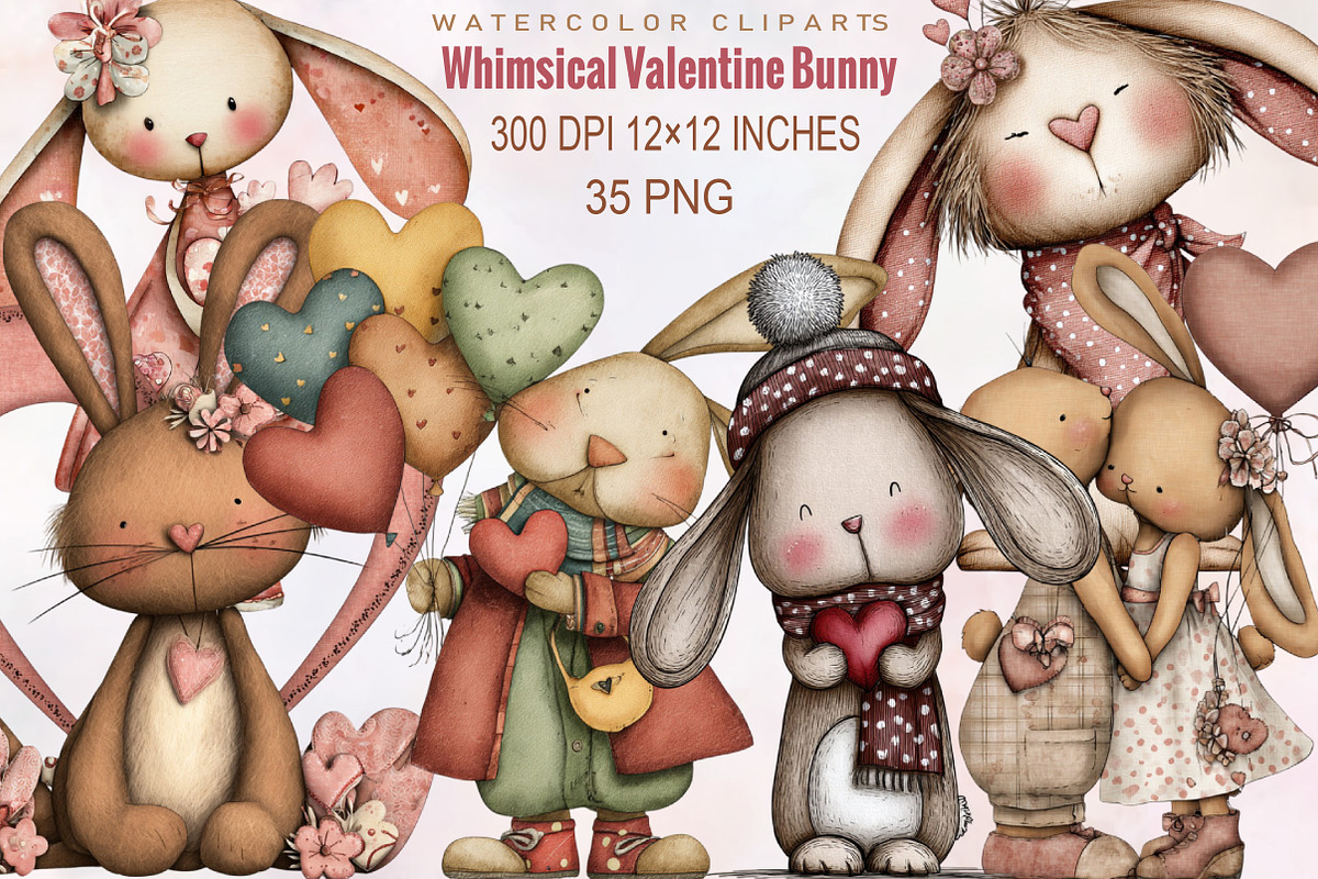 Whimsical Valentine Bunny Clipart Bu, an Illustration by SVGArt (Photo 1 of 8)