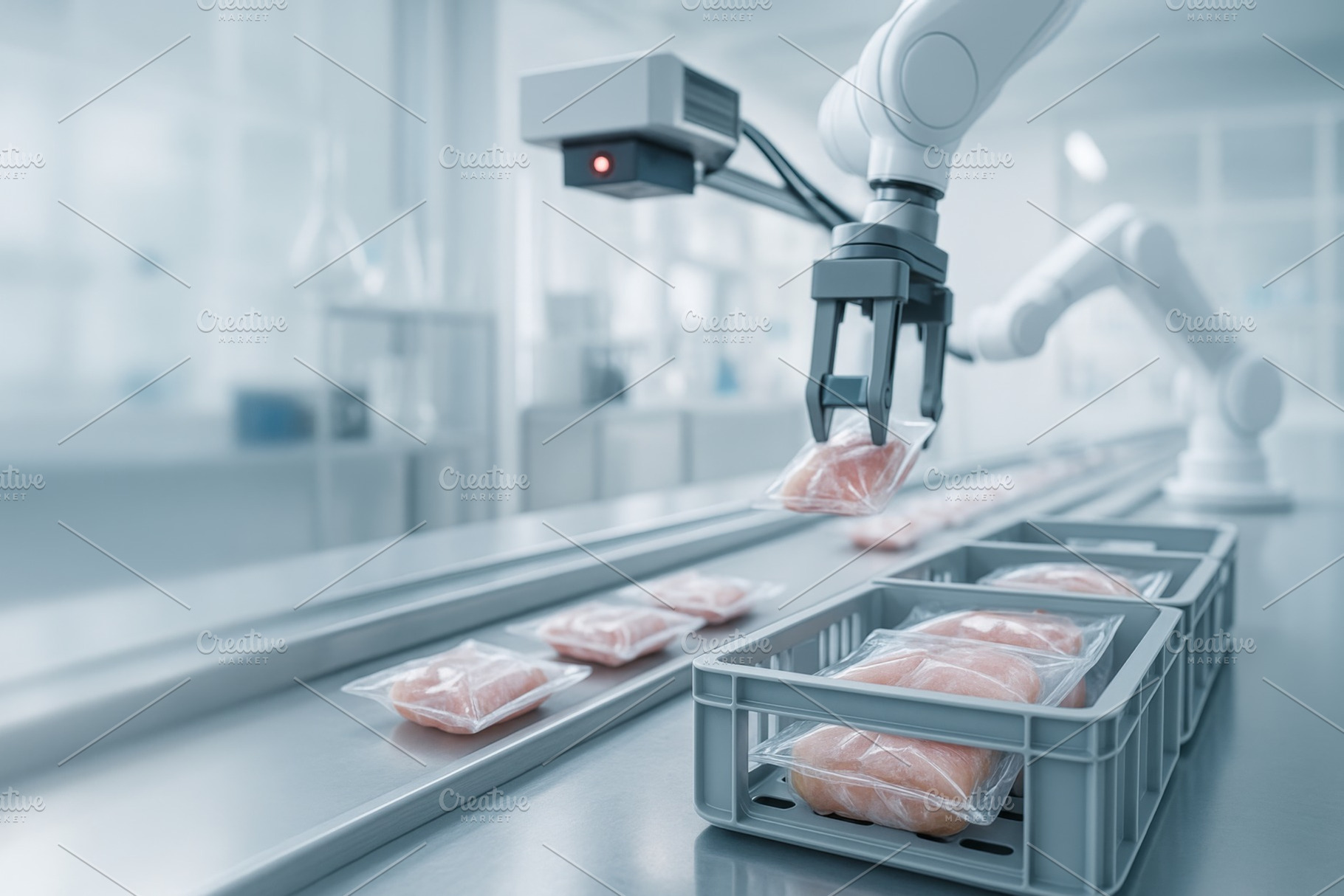 Robotic arm packaging food in automa, a Photo by Dvoevnore photos