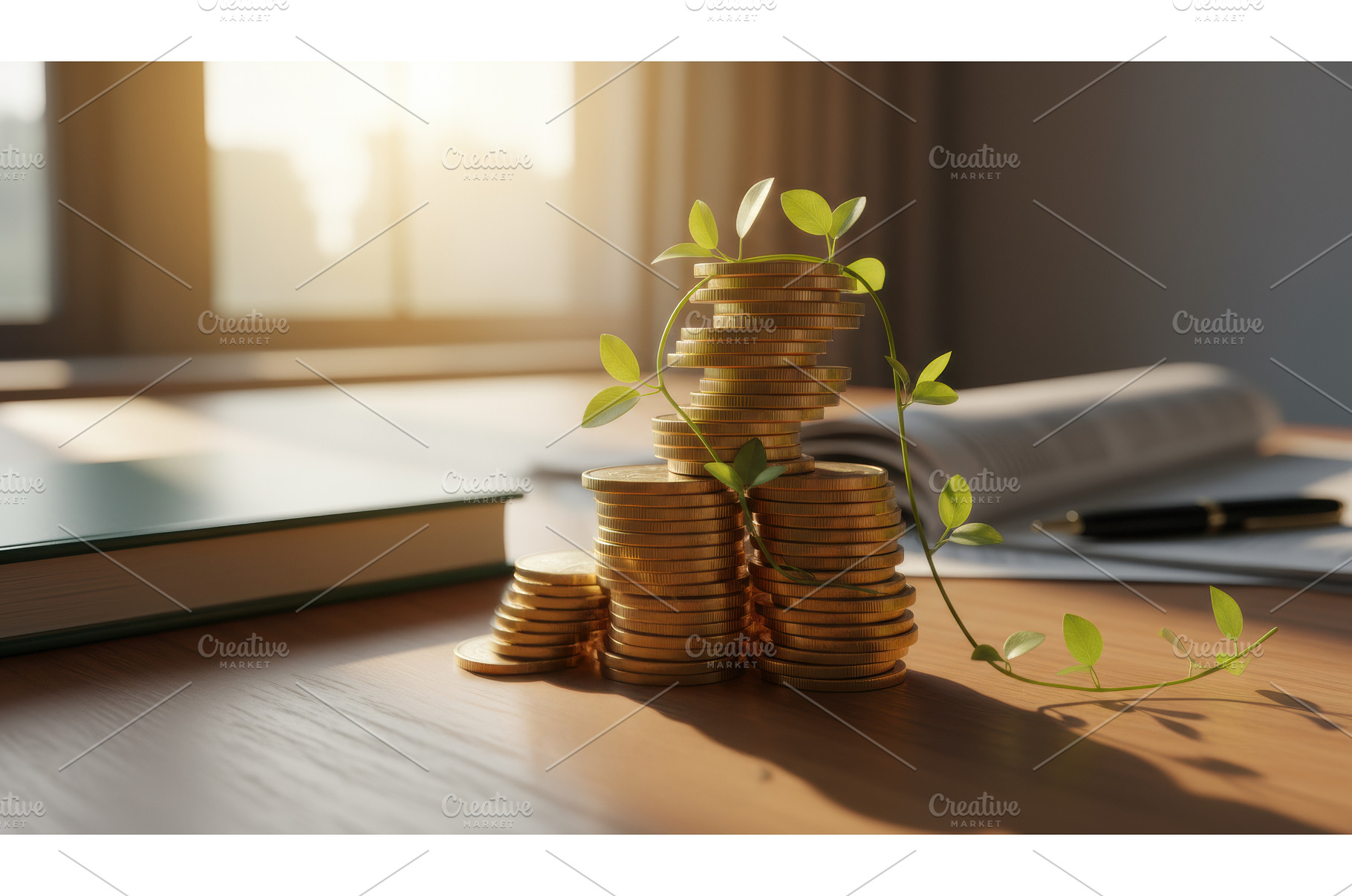 Stacks of gold coins with green, a Business Photo by Igor Tichonow