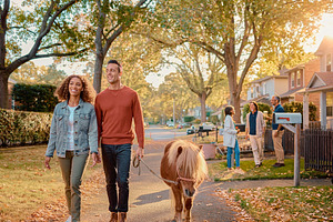 Adult couple walking pony outdoors in autumn neighborhood, a Person Photo by DanFLCreativo