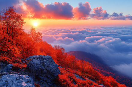 Majestic autumn sunset over vibrant, a Photo by Tanuart