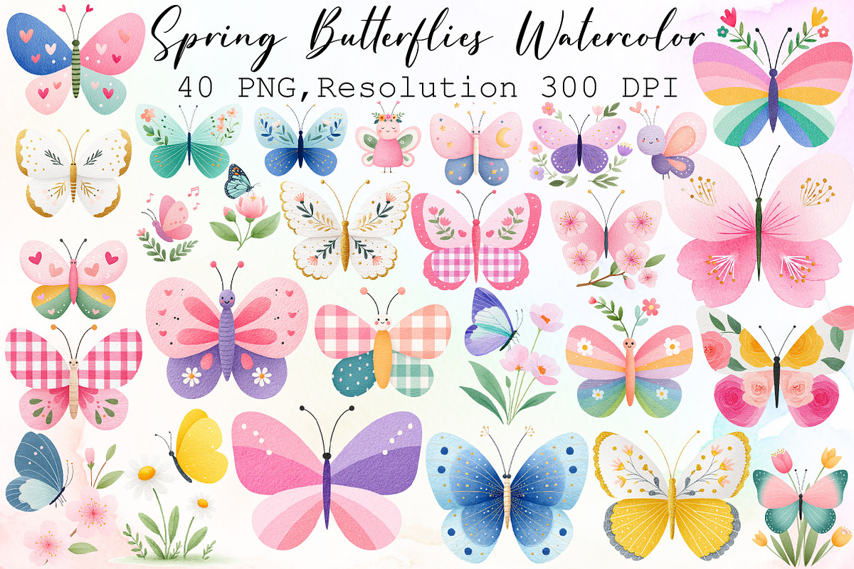 Spring Butterflies Watercolor Clipar, an Illustration by Sublimation Artist