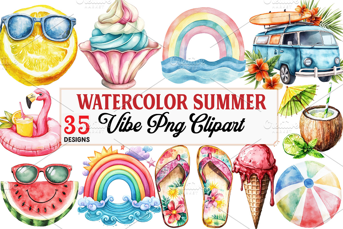 Watercolor Summer Vibe Clipart, an Illustration by Watercolor design (Photo 1 of 5)