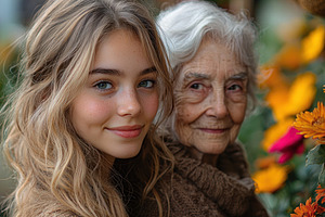 Young woman and elderly woman smiling together surrounded by col, a Nature Photo by José Manuel Gelpi