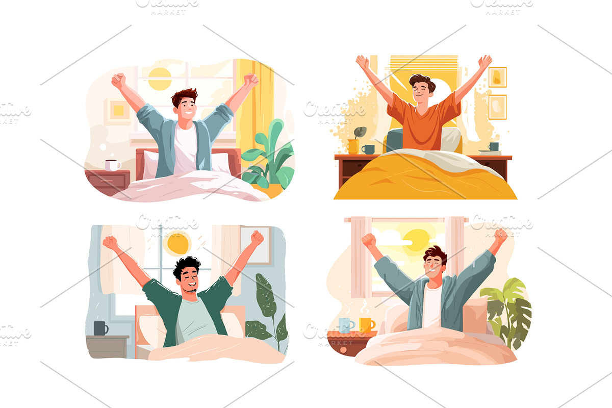 Man waking up set sleepy morning, a Person Illustration by Onyx
