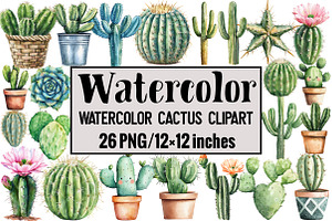 Watercolor Cactus Clipart, an Illustration by Design Market