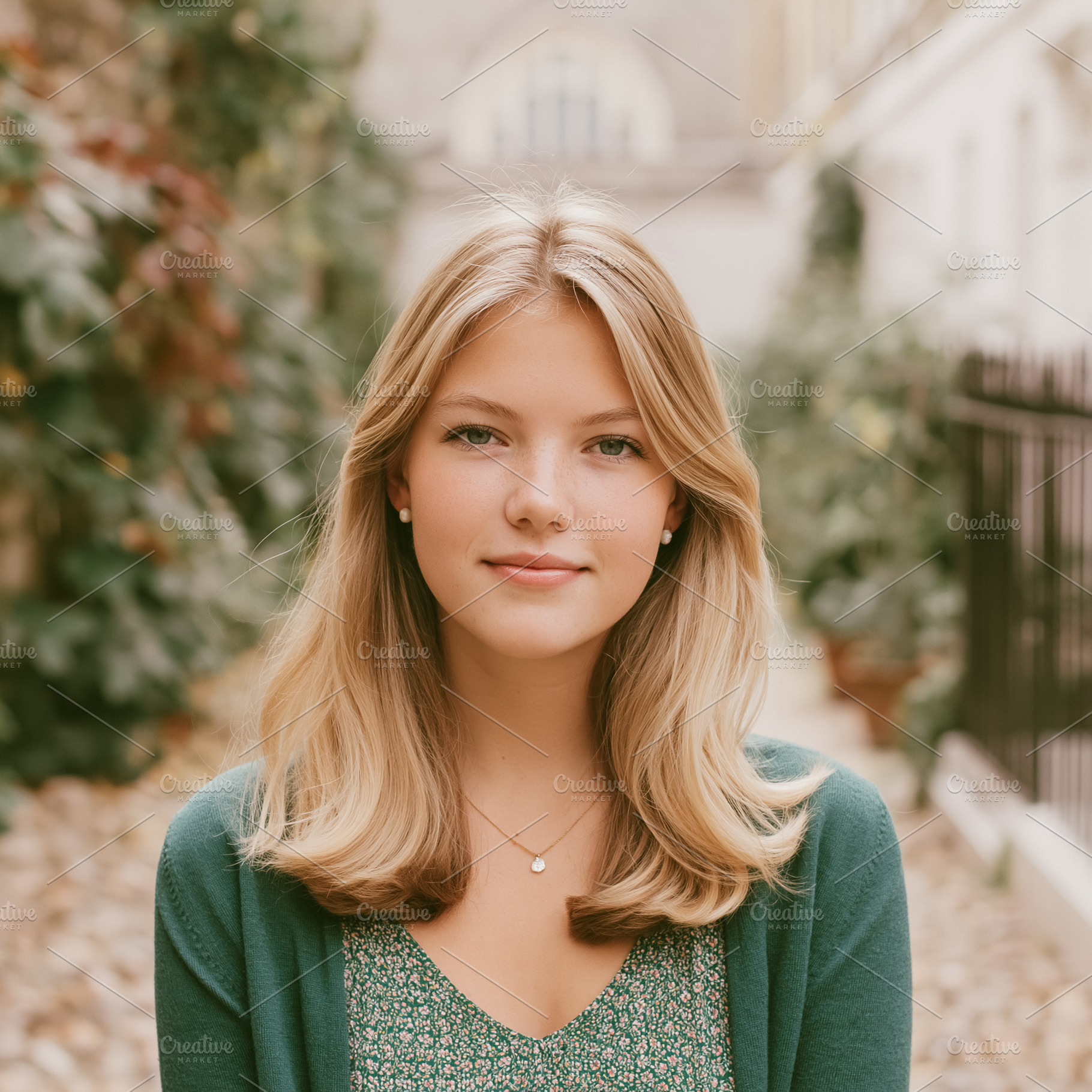 Young blonde woman posing outdoors, looking at camera with seren, a Person Photo by Studio ANNA