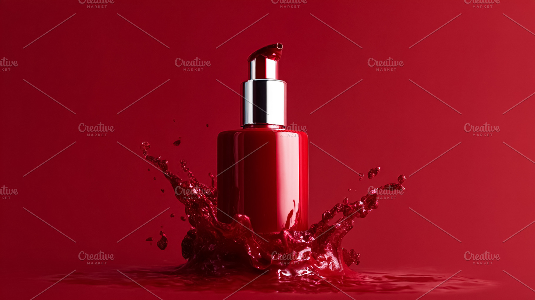 Red cosmetic pump bottle creating a dramatic liquid splash, symb, a Photo by Studio ANNA