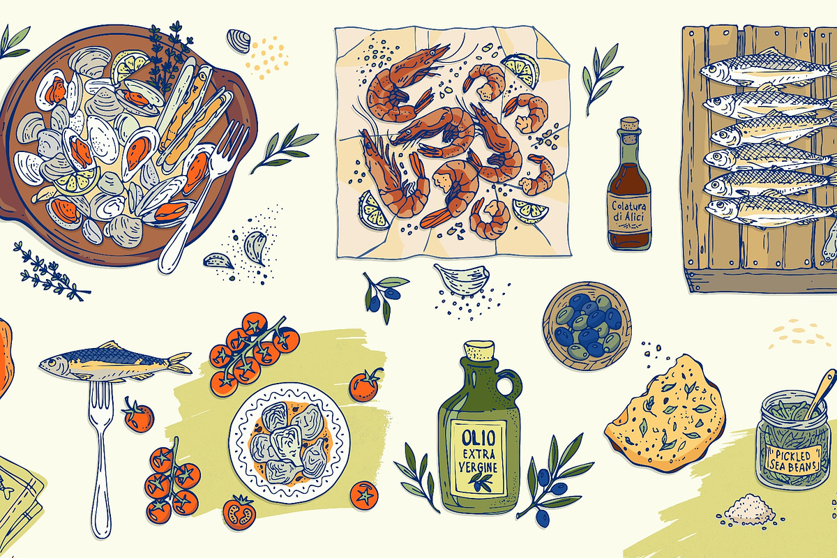Hand drawn mediterranean seafood, a Food Illustration by Zimages (Photo 2 of 3)