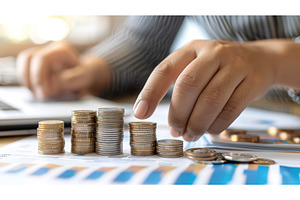 Businesswoman stacking coins for, a Business Photo by Lermont51