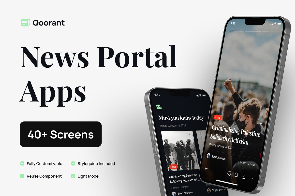 Qoorant - News Portal Mobile Apps, an UI Kit Template by pickolabstudio (Photo 1 of 6)