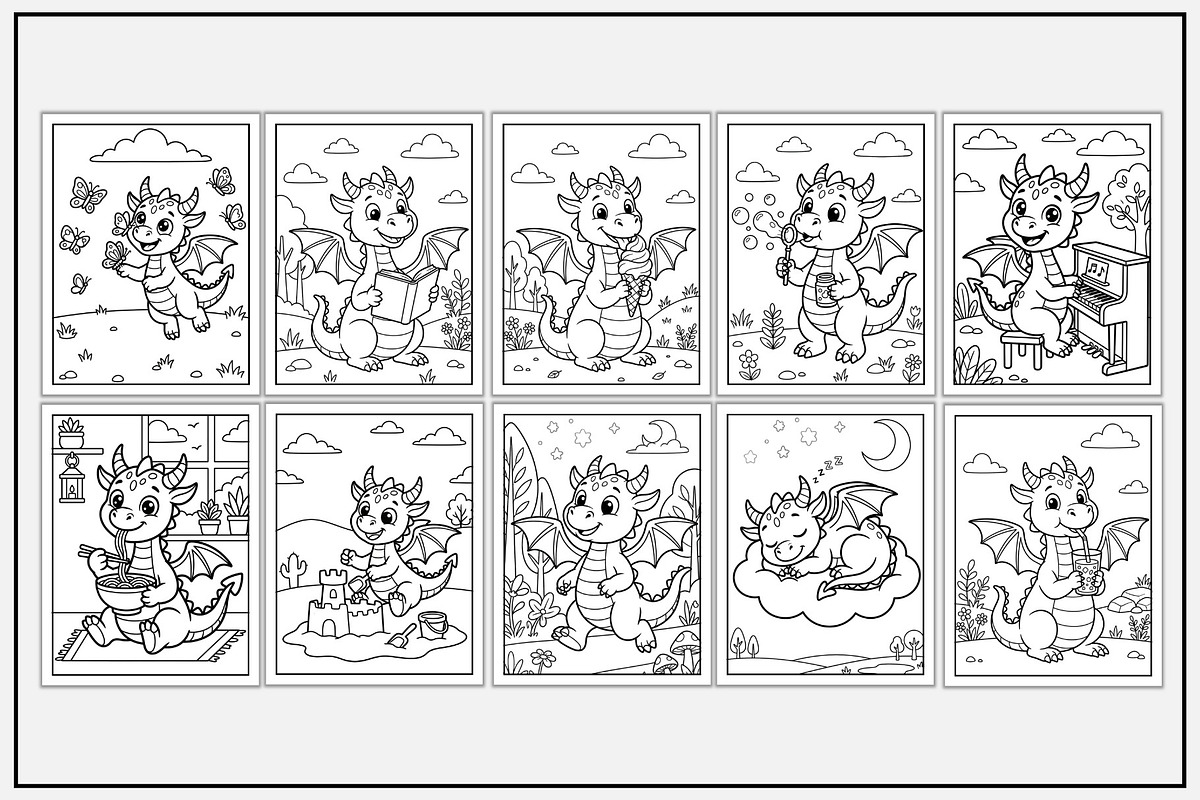Dragon Daily Routine Coloring Pages, an Animal Illustration by Lamia Emad (Photo 3 of 5)