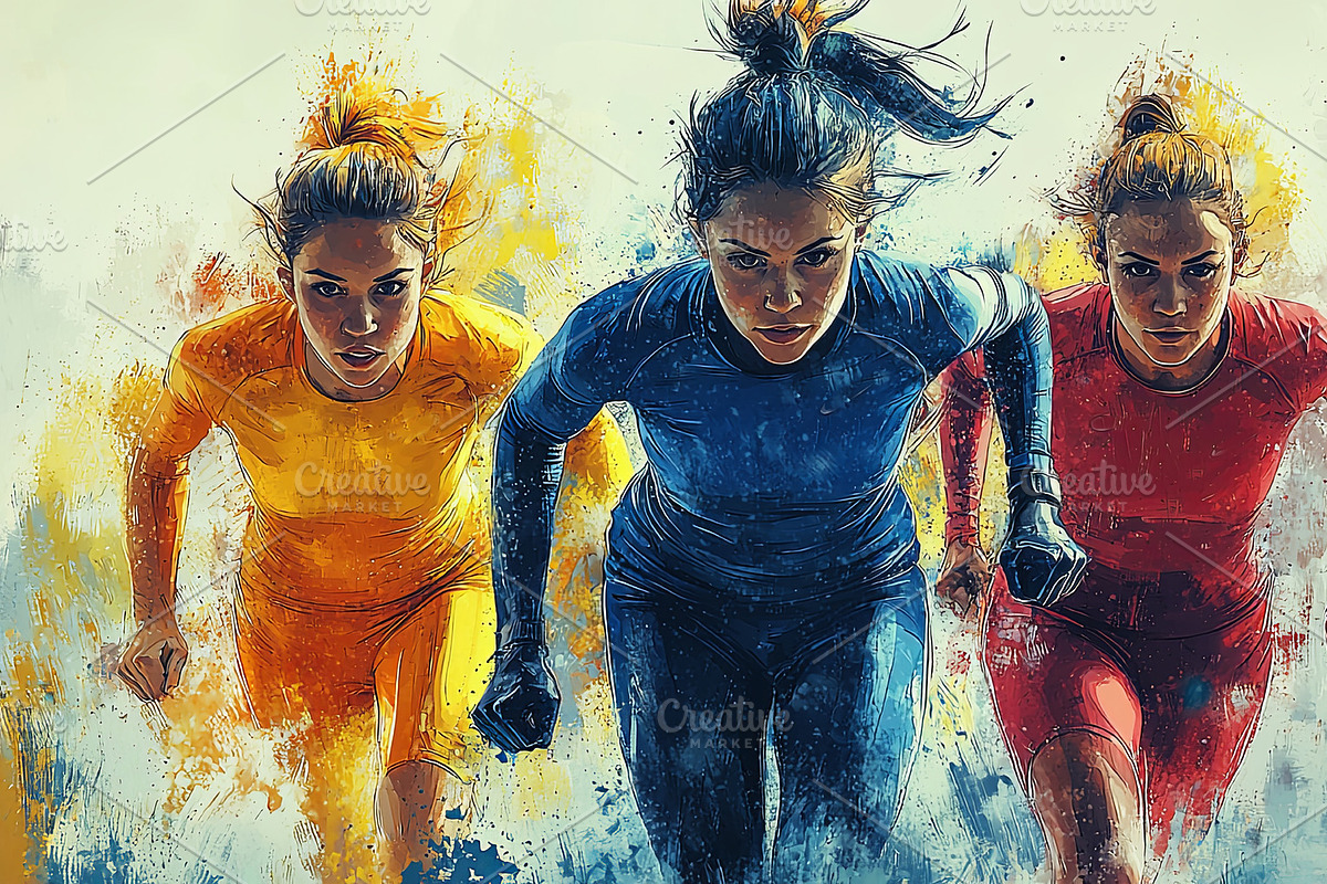 Three determined female athletes sprinting forward in a dynamic competition sce, an Illustration by AS photostudio