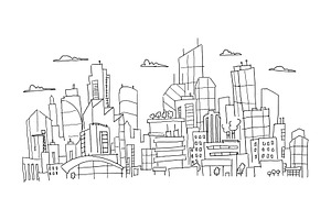 Big City Panorama Future Sketch. Hand Drawn Vector Stock Line Illustration. Building Architecture Landscape.