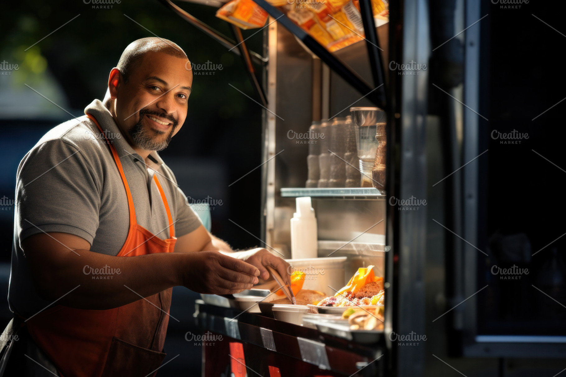 Close-up of a vendor selling street food from a food truck window, a Person Photo by zakiroff