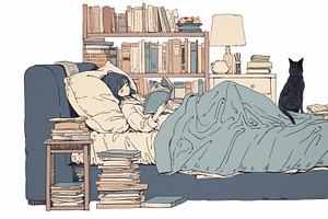 Young woman relaxing in bed with book and surrounded by cozy decor, an Illustration by AS photostudio