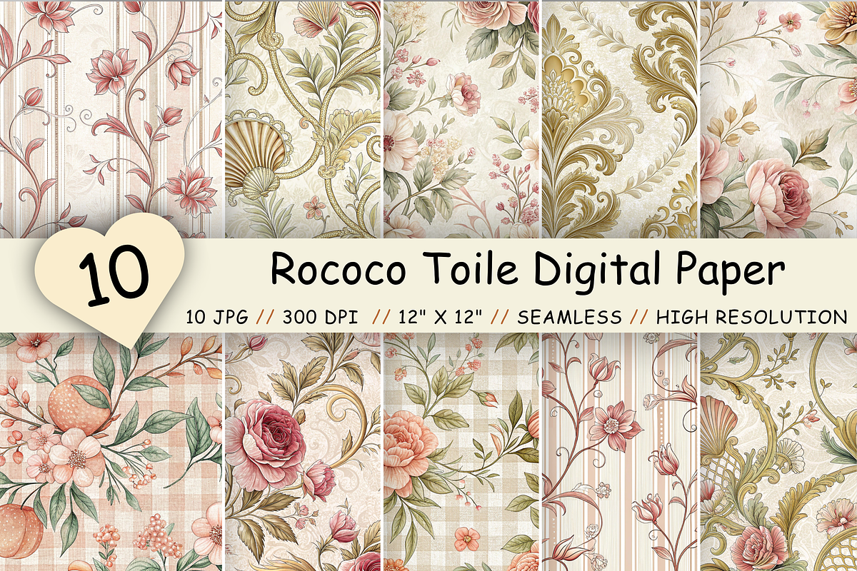 Rococo Toile Digital Paper Pack, a Pattern Graphic by FloridPrintables (Photo 1 of 9)
