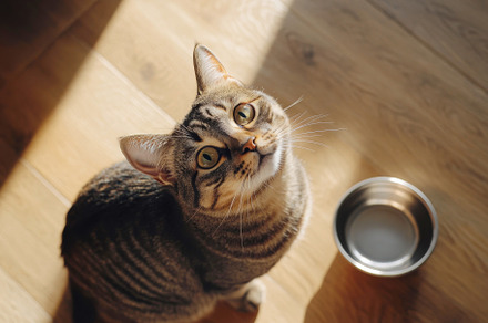 Tabby cat sitting on wooden floor near empty bowl, looking up, a Photo by Dvoevnore photos