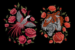 Embroidery. Dragon, Cranes, Roses