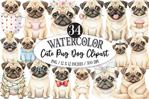 Cute Watercolor Pug Dog, an Illustration by Designking